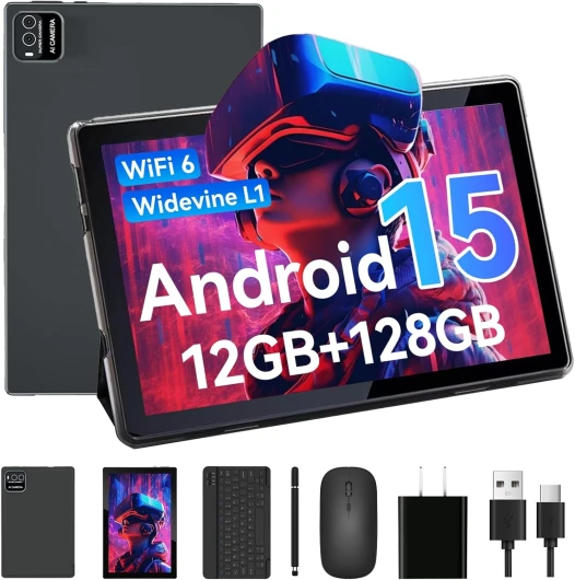 VitezTab Tablette Android 15 WiFi 6, Tablette 10 Pouces avec 12Go RAM + 128Go ROM (1 to TF), Widevine L1, Bluetooth 5.0, 6000mAh, 5MP+8MP, Tablette Tactile avec Clavier, Souris, Stylet et Étui – Noir