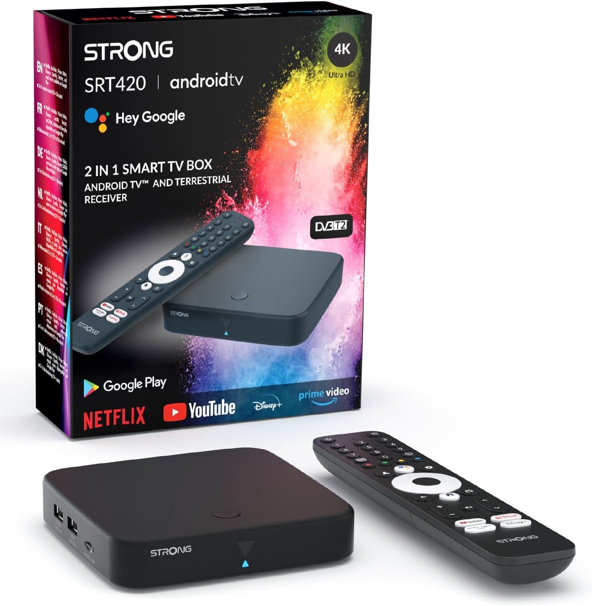 SRT420 Streaming Box Android TV 4K avec Port Ethernet, DVB-T2, 2GB RAM + 16GB Stockage, Chromecast Intégré, WiFi, Assistant Google Vocal, HDR10+, Dolby Audio & Dolby Vision Noir