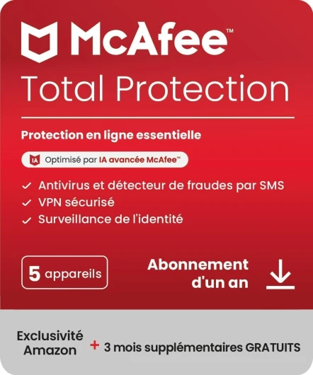 Total Protection 5 appareils 2025 - 15 mois -VPN sécurisé, logiciel de sécurité avec antivirus, gestionnaire de mots de passe et surveillance de l'identité - Téléchargement Téléchargement 15 mois 5 Appareils