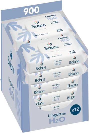 Lingettes bébé à l'eau - 900 Lingettes - Lot de 12x75 - Nettoyage doux et efficace - Dès la naissance - Qualité Française