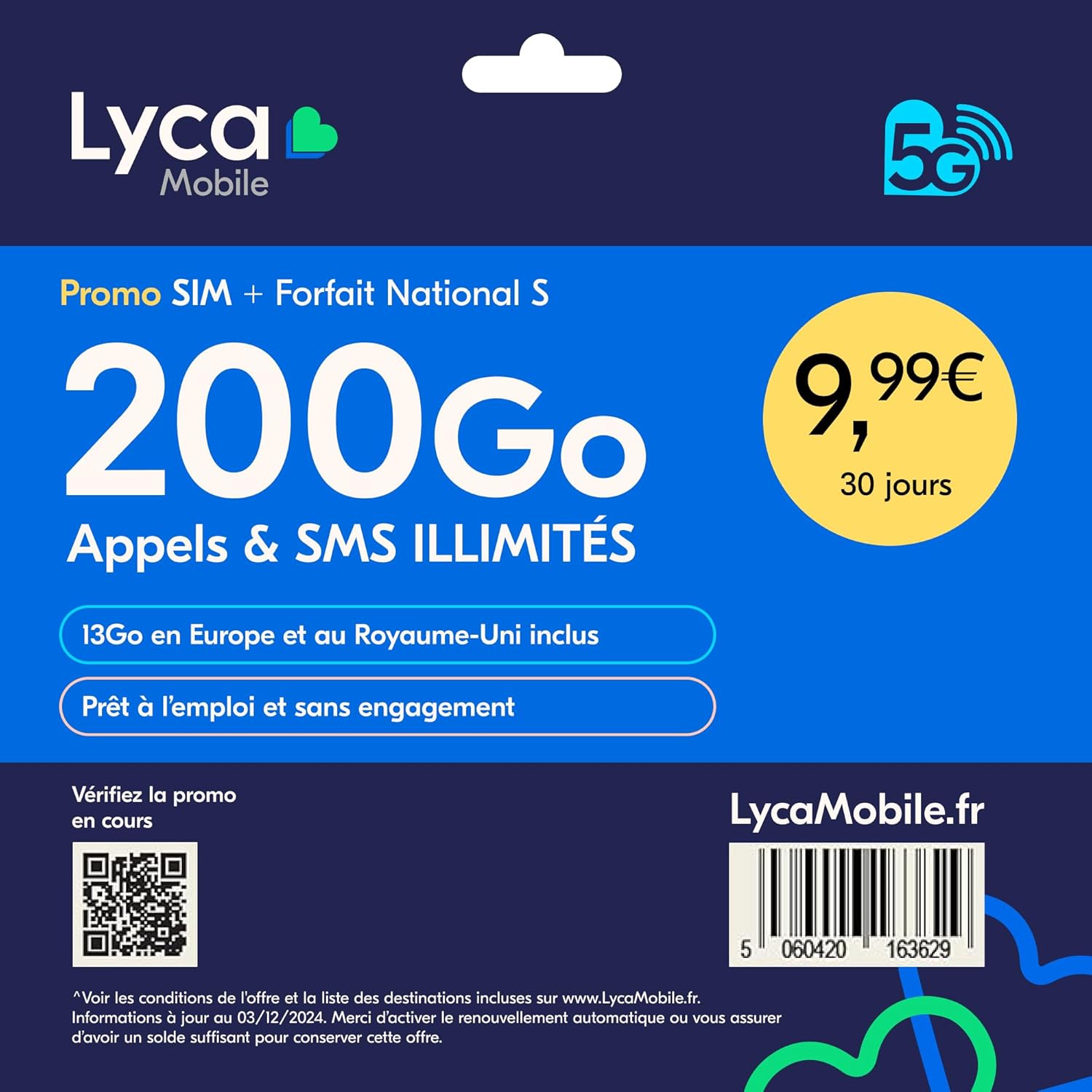 Lycamobile Carte SIM Prépayée France – Forfait National S – 200Go Internet, Appels et SMS illimités – 13Go en Europe/UK – Renouvelable après 30 Jours – sans Engagement