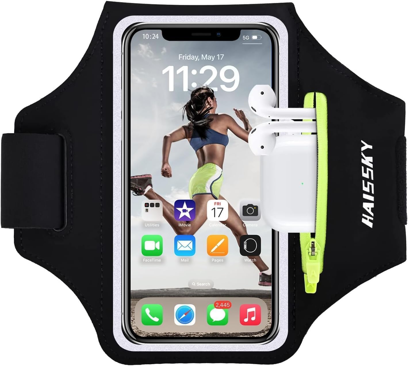 Brassard de Sport avec Airpods clé de Voiture Poche Zippée,Brassard de téléphone résistant à l'eau pour iPhone 16/15/14/14 Pro Max/13 Pro/12 Pro Max/XR/XS Smartphone Running Brassard 6.9" pour Jogging Noir（Jusqu'à 6,9 "）