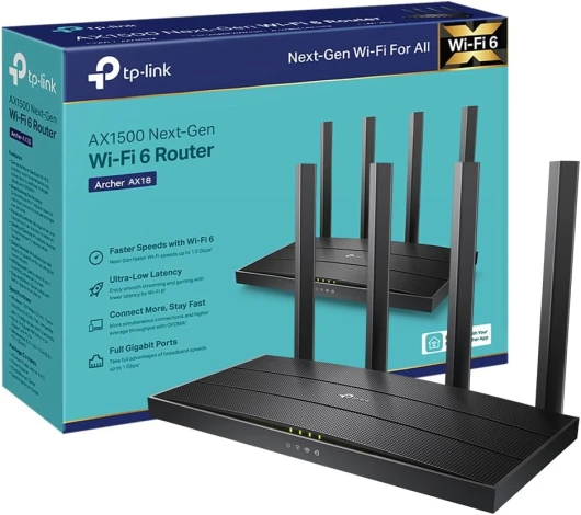 TP-Link Archer AX18 Routeur WiFi 6, Routeur WiFi AX 1500 Mbps bi-Bande, 4 Ports Gigabit, 4 antennes à Haute Performance, WPA3, Contrôle Parental, EasyMesh, Antivirus intégré