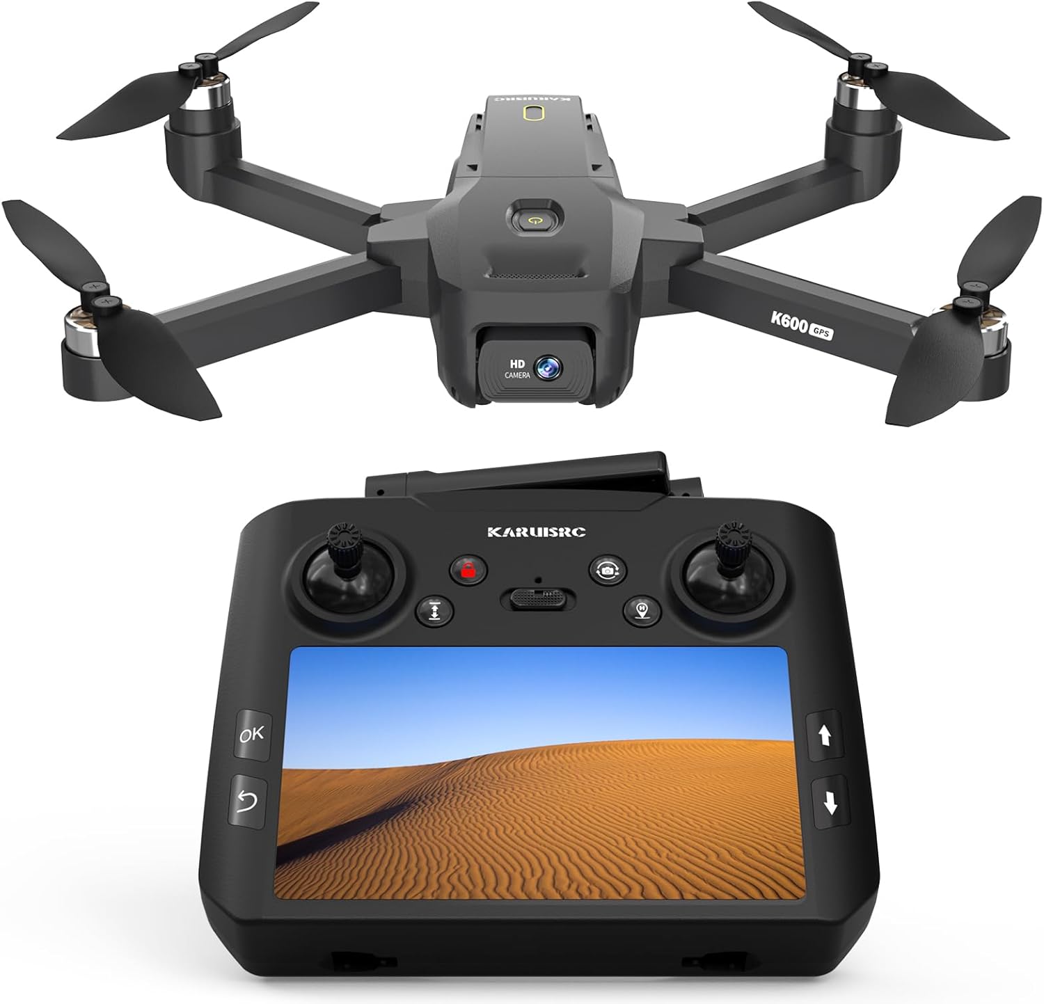 K600 GPS Drone avec Caméra, télécommande avec UHD écran, Drones Pliable Résistant au Vent avec Carte SD, Drone Professionnel avec Valise de Transport, Batterie Modulaire Convient aux Adultes K600GPS-B