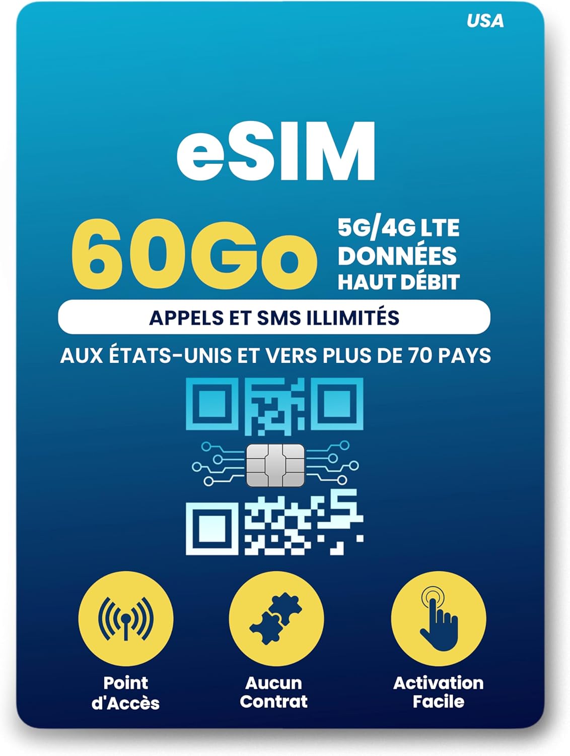 H2O Wireless eSIM 30 Jours USA, Carte eSIM Prépayée avec 60 Go de Données 4G LTE/5G Haute Vitesse Illimitées & 5 Go de Point d'Accès Mobile, Appels & SMS vers 70+ Pays, Carte SIM Mobile USA 30 Days (eSIM Card)