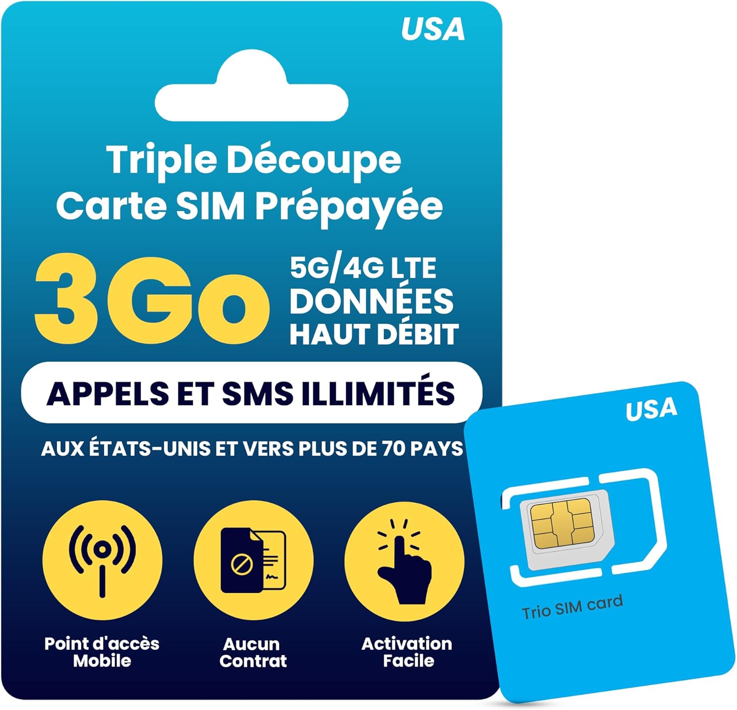 Carte SIM Prépayée Physique H2O Wireless 30 Jours USA avec 3 Go de Données 4G LTE/5G Haute Vitesse et 2 Go de Point d'Accès Mobile, Appels et Textos des États-Unis vers Plus de 70 Pays, Carte SIM US 30 Days (Physical SIM Card)