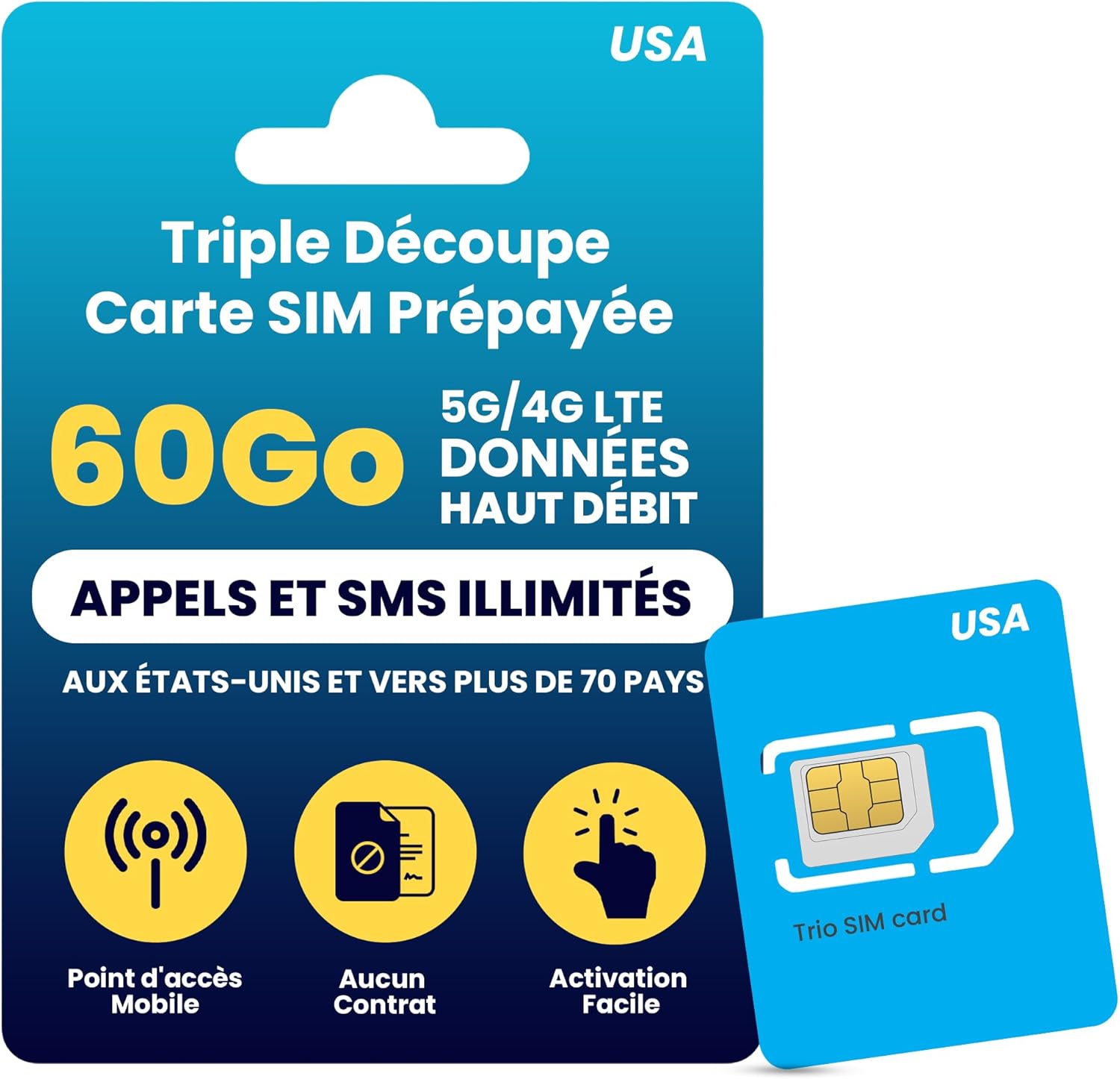 Carte SIM Prépayée Physique H2O Wireless 30 Jours USA avec 60 Go de Données 4G LTE/5G Haute Vitesse et 5 Go de Point d'Accès Mobile, Appels et Textos des États-Unis vers Plus de 70 Pays, Carte SIM US 30 Days (Physical SIM Card)