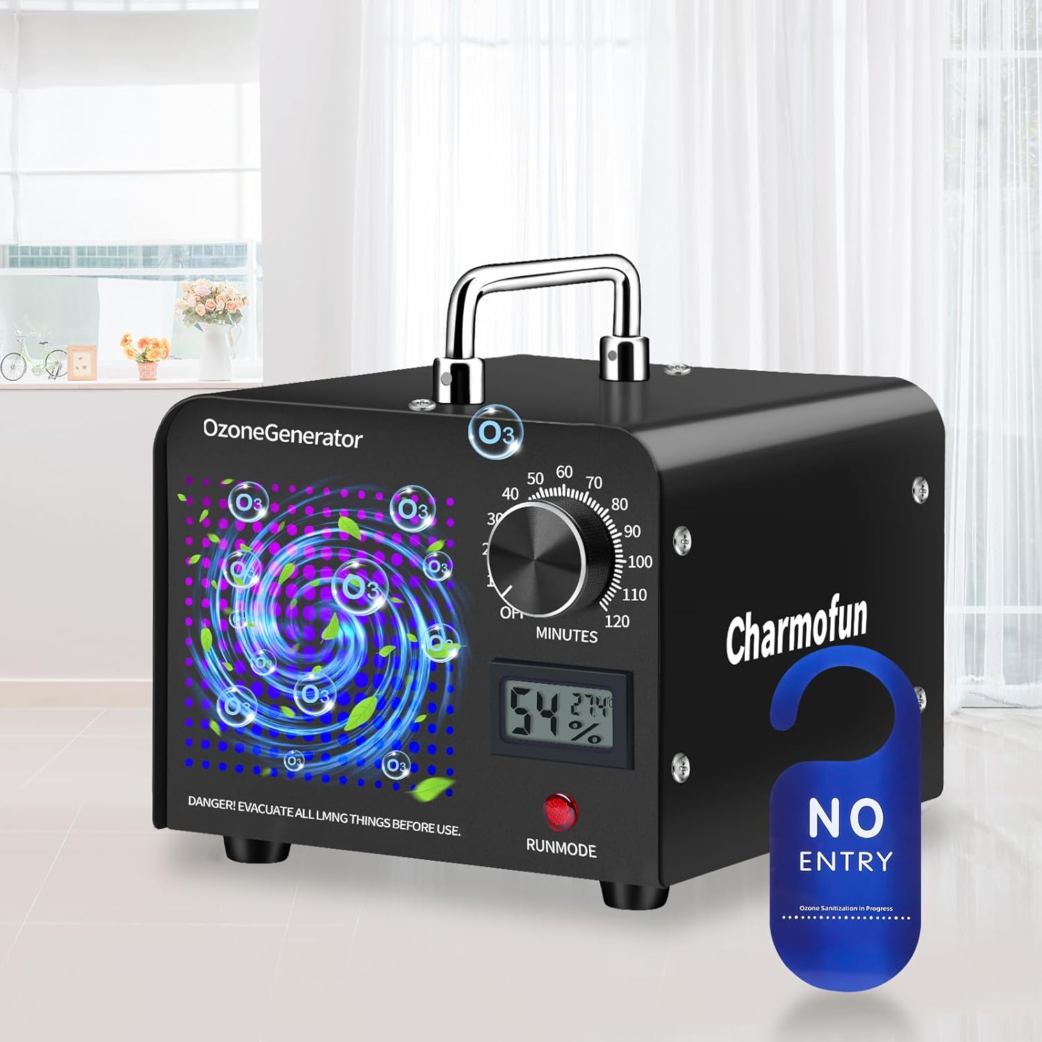 Charmofun Générateur d'Ozone Domestique 60000 mg/h, Machine à Ozone avec Affichage de la Température et de l'Humidité, Générateur d'Ozone Purificateur d'Air pour Cuisine, Voitures, Fumée (Noir)