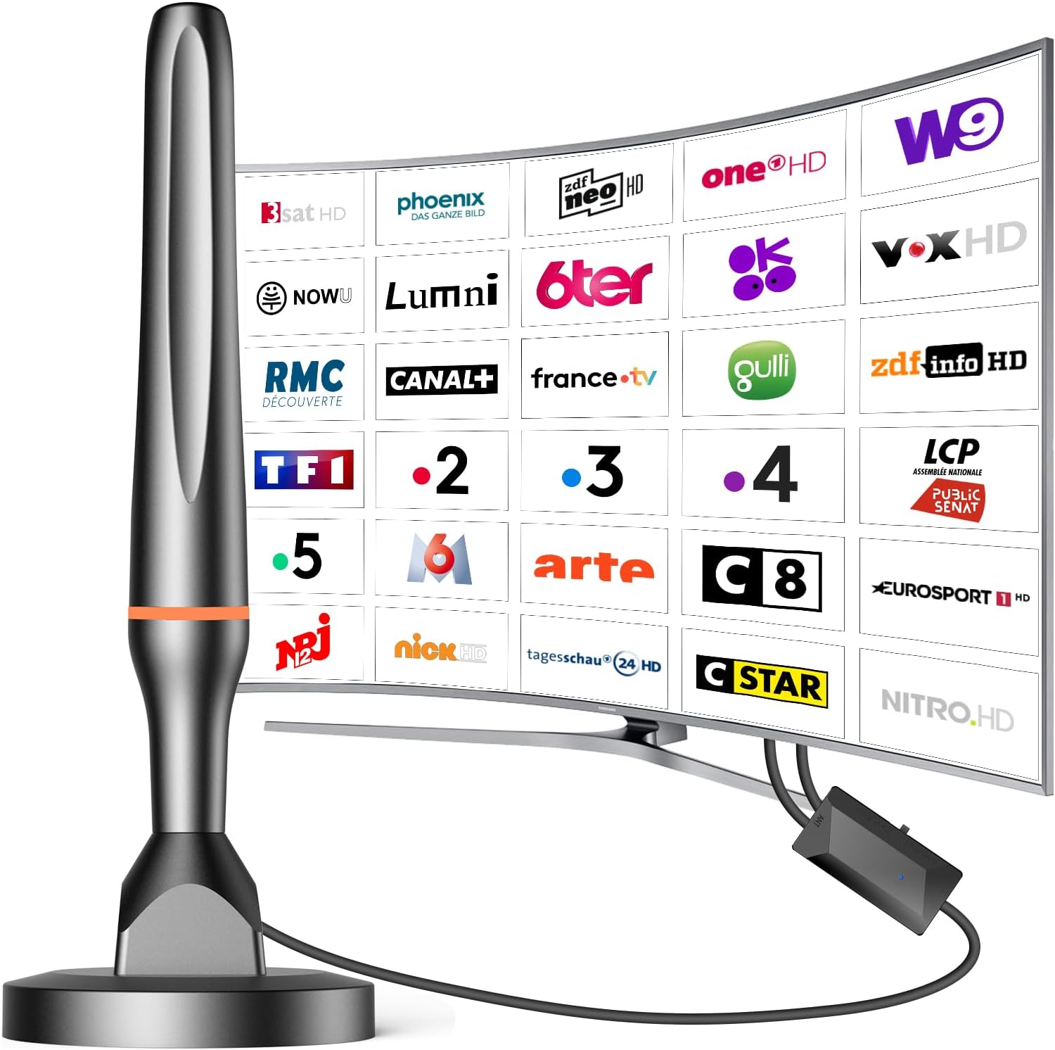 Antenne TV Intérieure Puissante TNT HD, 2025 le plus récent Antenne TV Intérieur avec Amplificateur de Signal à Gain Élevé, Réception Longue Portée à 360° avec Base Magnétique Solide pour,Antennes TNT