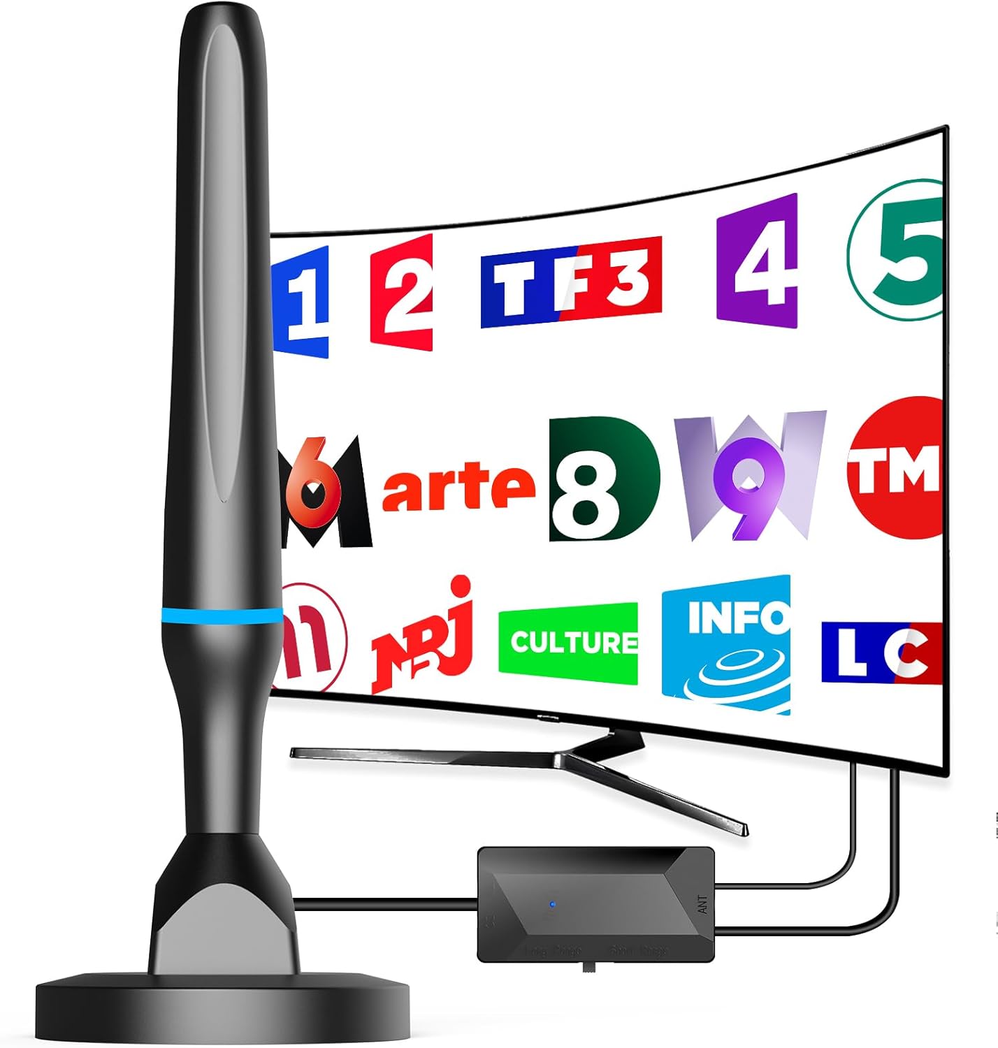 DGUPSP Antenne TV Intérieur Puissante TNT HD, Puissante Antenne TV Intérieur de Base magnétique puissante - 420km Réception Longue Portée à 360°, Compatible avec Portable 4K 1080P et Tous Les TVs Blue-1741303