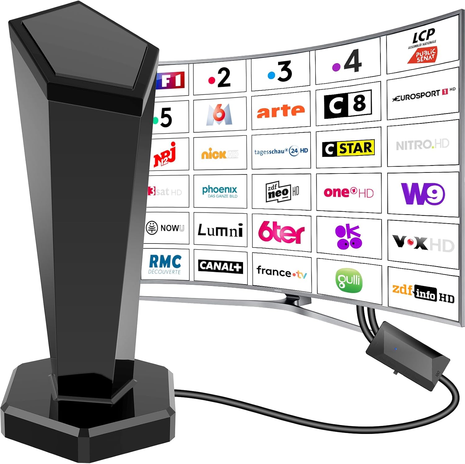 Antenne TV Intérieure Puissante TNT,460+KM Antenne TNT IntéRieur avec Amplificateur de Signal à Gain Élevé,Réception Longue Portée à 360°,Compatible avec Smart TV 1080P 4K DVB-T DVB-T2 FR-V15803