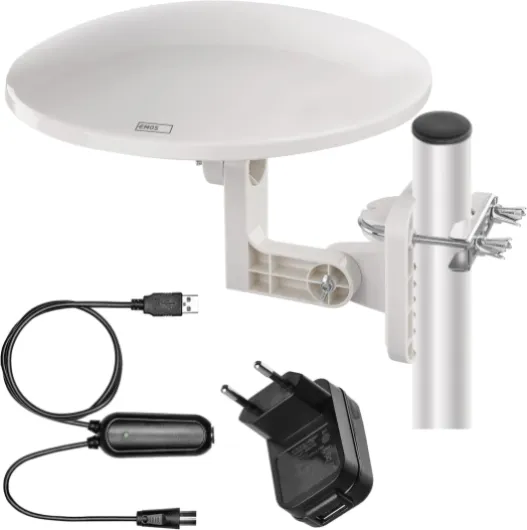 EMOS - Antenne numérique avec amplificateur - pour l'extérieur - Antenne Active Village - Portée 0-80 km - FM/Dab/DVB-T/DVB-T2 - Filtre LTE/4G/5G intégré - Angle de réception 360°