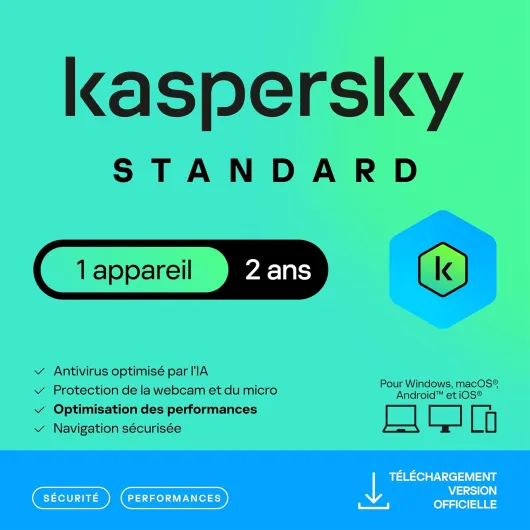 Kaspersky Standard Anti-Virus 2025 - 1 appareil - 2 ans - Sécurité Avancée - Protection bancaire - Optimisation des performances - PC/Mac/Mobile - Code d'activation par email Kaspersky Standard Anti-Virus 1 Appareil 2 Ans
