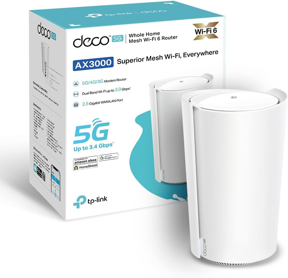 TP-Link Routeur 5G Deco X3000-5G Mesh Routeur WiFi 6 Bi-Bande AX3000Mbps, Port 2.5G, 2 Ports Gigabit, WiFi Mesh Box 5G SIM, Configuration Facile, Modem 5G, Déverrouillé Compatible Toute SIM Box 5G - WiFi 6