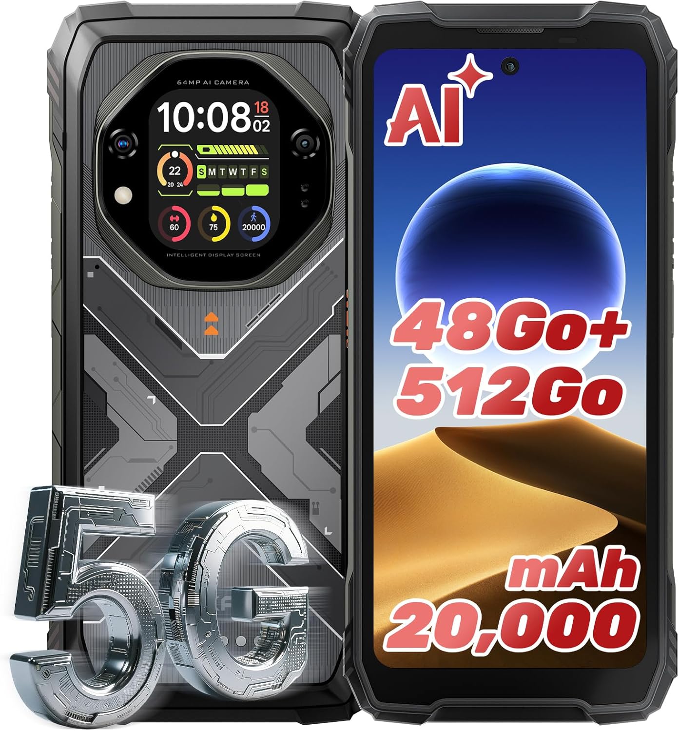 TANK 1 5G Telephone Portable Incassable avec Ecran Secondaire 2,01", 20000mAh/55W, 48Go+512Go/2To, 6,78"FHD+ 120Hz, 64MP+20MP Vision Nocturne, Android 15 Smartphone Incassable,IP68/IP69K/NFC/GPS Noir 48Go+512Go 48GB+512GB【5G】