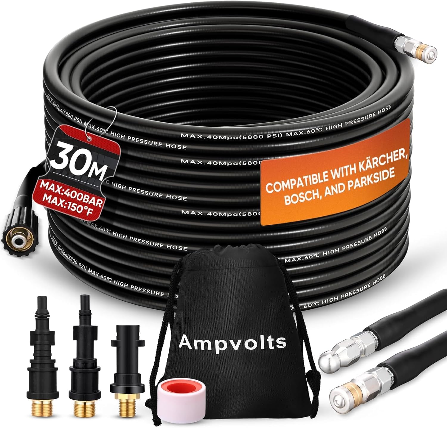 30M Déboucheur Canalisation Haute Pression - 400 Bar/5800 PSI, Compatible avec Nettoyeurs Haute Pression karcher K2-K7, Lavor, Bosch - Pour un Nettoyage Facile des Tuyaux et Éviers Obstrués 30 m 400 bar avec 3 adaptateurs + 2 buses