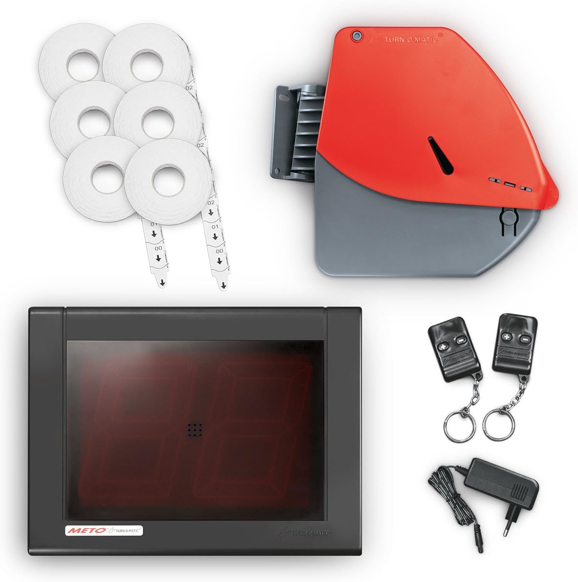 Meto Original Système Turn-O-Matic de gestion du flux de clients et des files d’attente 38328370 (écran LED à deux chiffres rouges), doté d’accessoires et prêt à l’emploi Rouge/Gris