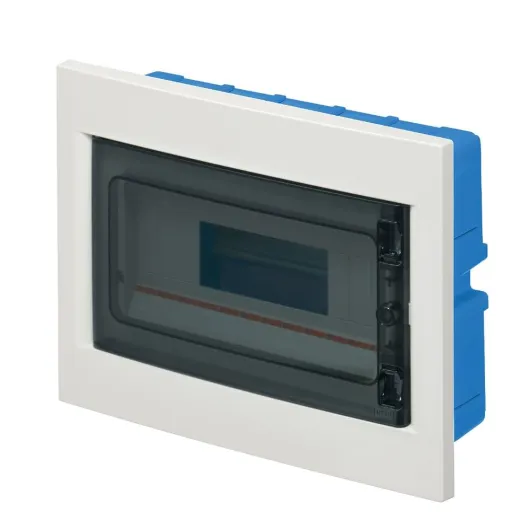 Centrale blanche IP40 pour plaques de plâtre, 12 modules, 320 x 240 x 80 mm, panneau électrique encastré, porte fumée, transparente, pour intérieur, avec bornier 1 x 12, barre DIN amovible et réglable