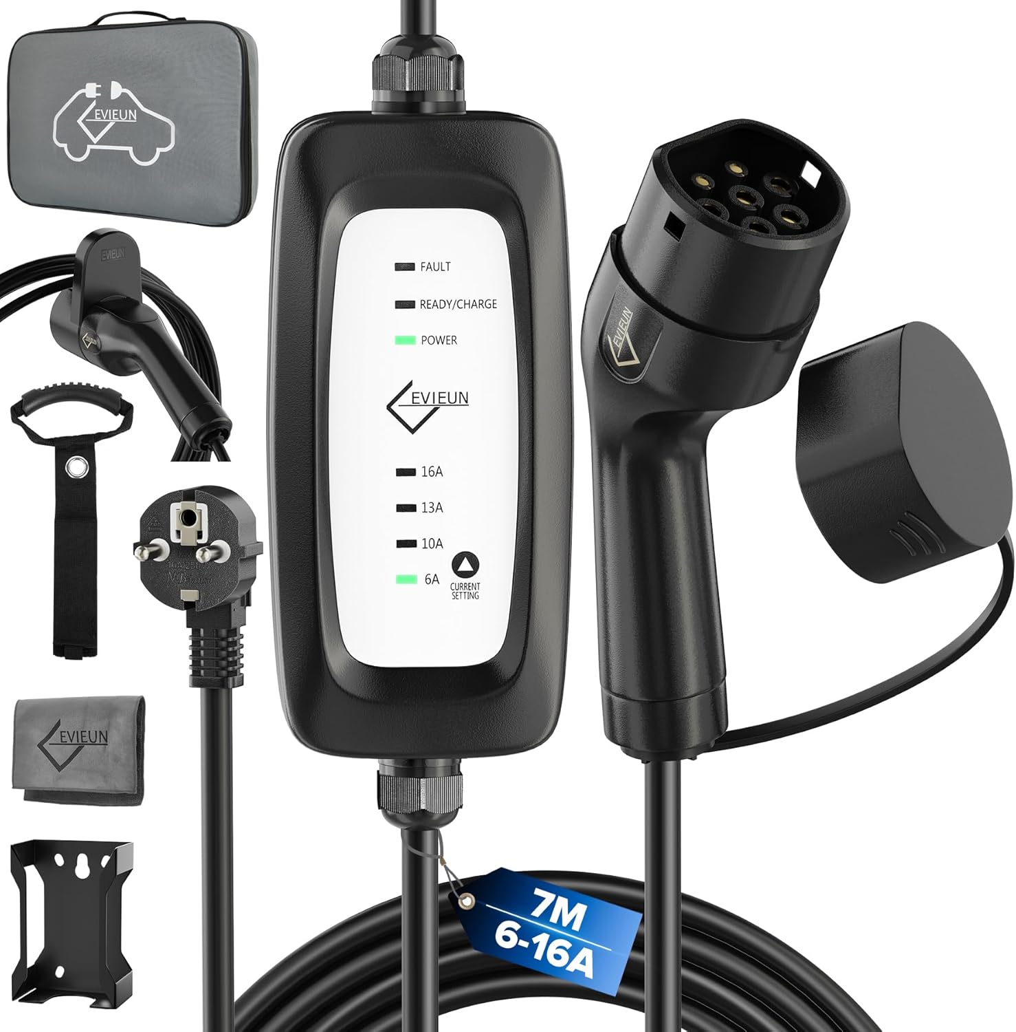 Chargeur Voiture Electrique 3,6kW 7M - Réglable 6/10/13/16A - Câble Recharge Type 2 Compatible ID.3/ID.4, Model 3/Y, Zoe, e-208, Spring, et Autres EV et PHEV Noir - Mise à niveau - sans écran 7 Mètres