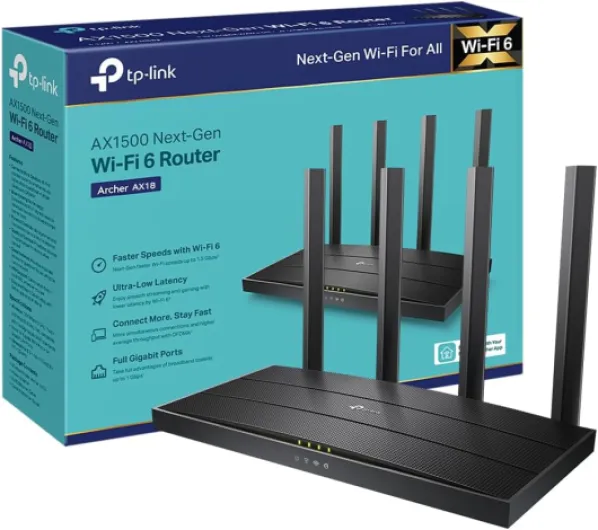 TP-Link Archer AX18 Routeur WiFi 6, Routeur WiFi AX 1500 Mbps bi-Bande, 4 Ports Gigabit, 4 antennes à Haute Performance, WPA3, Contrôle Parental, EasyMesh, Antivirus intégré