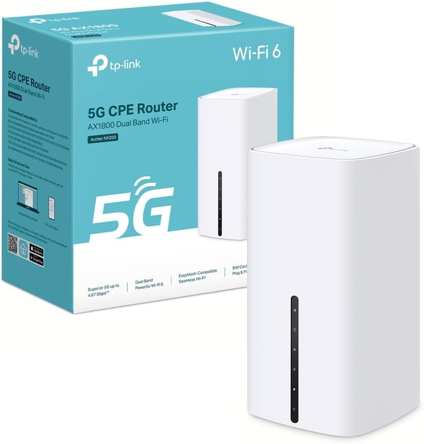TP-Link Routeur 5G, Routeur WiFi 6 AX1800Mbps, 3 Ports Gigabit, Bi-Bande MU-Mimo, EasyMesh, Connecte Jusqu’à 64 Appareils, Plug-and-Play, Compatible Toutes Les Cartes SIM des opérateurs, Archer NX200