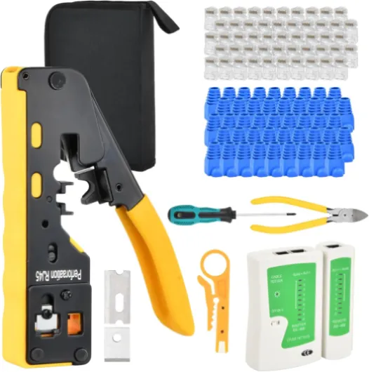 Pince à Sertir RJ45 Kit pour Connecteur Réseau CAT5/CAT5E/CAT6/CAT6A/CAT7 Kit de Outil Sertissage RJ45 avec 50 Connecteurs Testeur Cable RJ45 Fiche Réseau Pass Through RJ45 à Sertir Pince Coupante