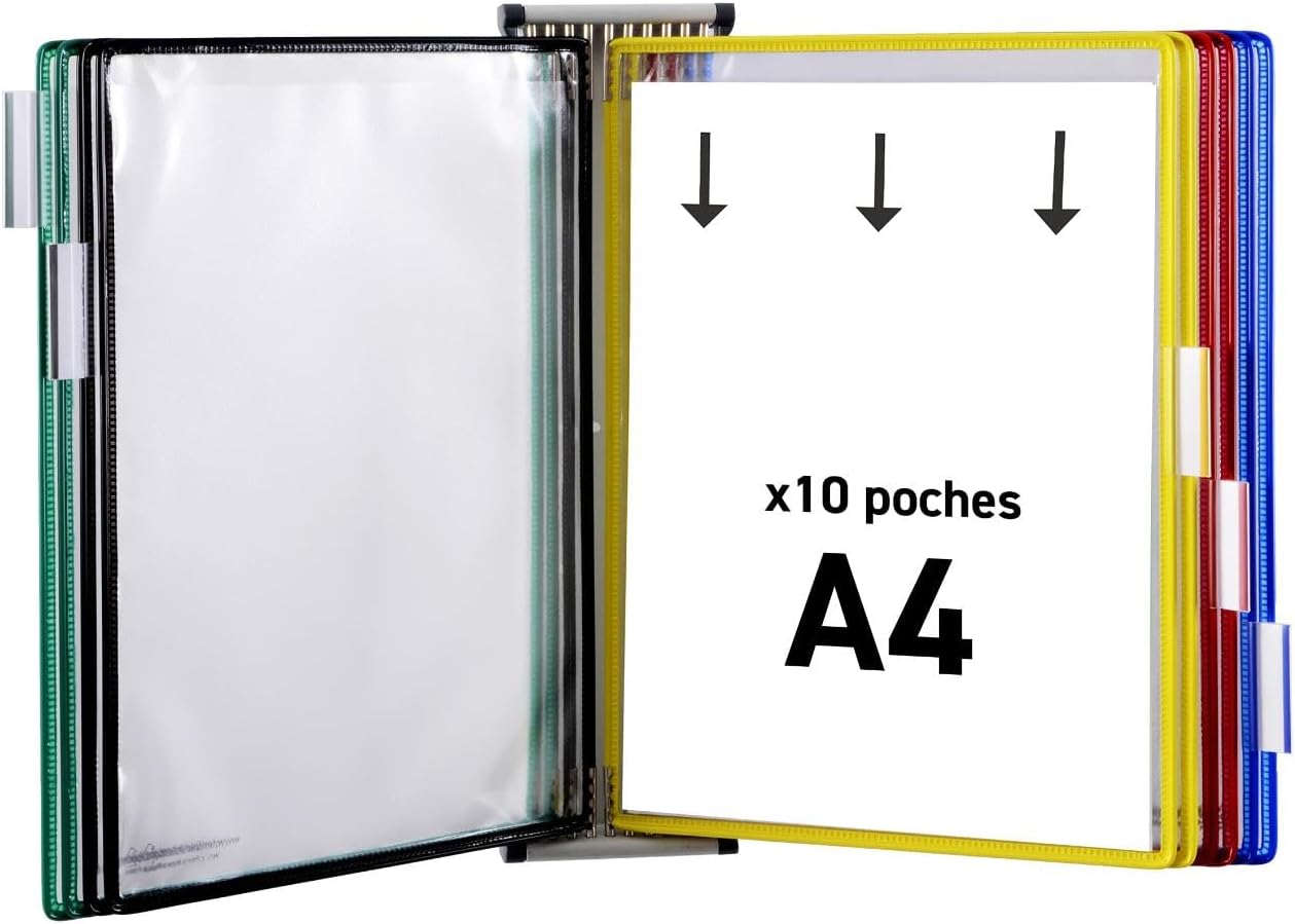 Tarifold Fr 414109 – Support Kit Mural document Tarifold métal, 10 pochettes A4 assortie, Présentation documents Assorti DIN A4