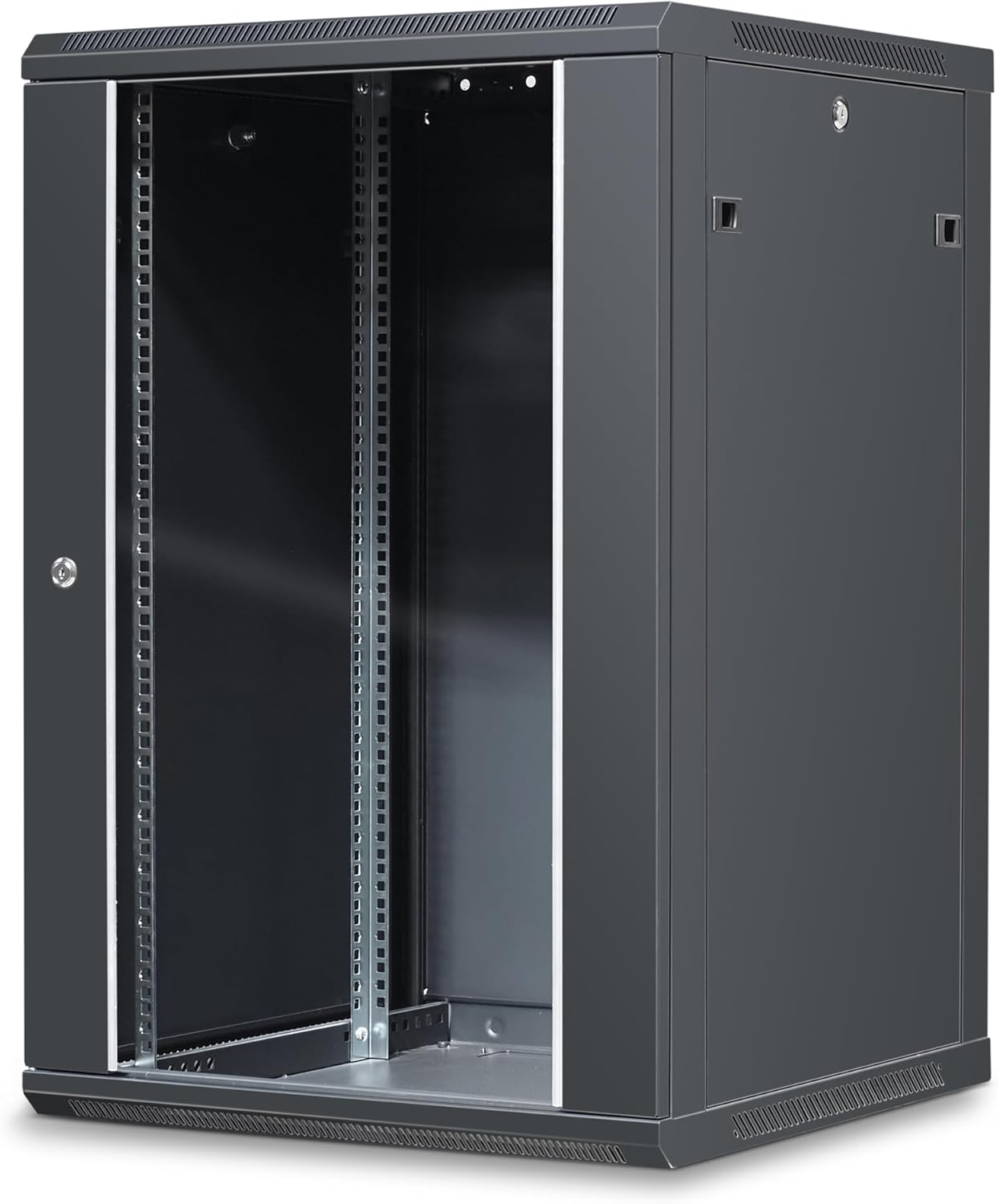 37414M Coffret 19 Pouces 18U 600 x 600 mm, Coffret Mural ou posé sur Pieds Fournis - Porte vitrée à Serrure - Couleur Noir – Livré Monte Prof - 600 - 18U