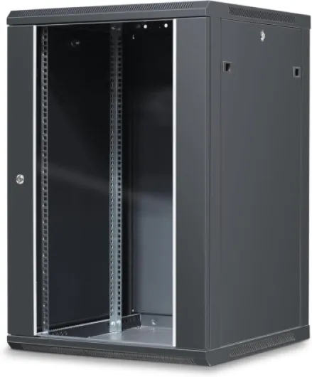 37414M Coffret 19 Pouces 18U 600 x 600 mm, Coffret Mural ou posé sur Pieds Fournis - Porte vitrée à Serrure - Couleur Noir – Livré Monte Prof - 600 - 18U