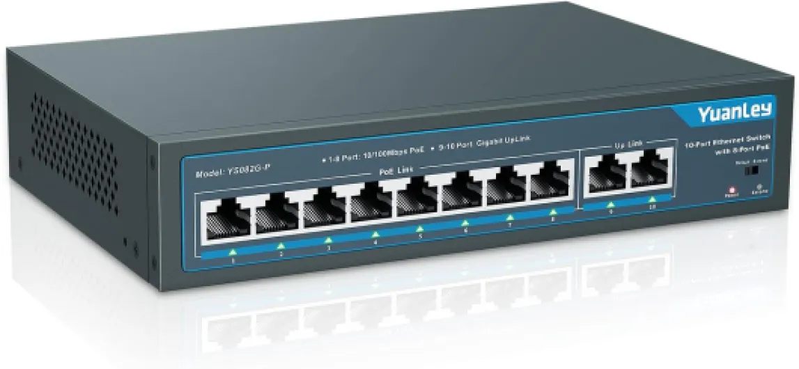 10 Port PoE Switch, 8 PoE+ Port 100Mbps, 2 Uplink Gigabit, 120W 802.3af/at, Étendre la Fonction, Metal Fanless Unmanaged 10 Port - 8*PoE+ (120w)