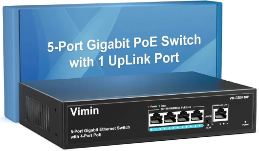 Commutateur PoE Gigabit 4 Ports avec 1 Port Montant Gigabit, Commutateur Ethernet PoE Non Géré 5 Ports avec Une Puissance de 72W, Prise en Charge de IEEE802.3af/at, VLAN, Boîtier en Métal 5 Port - 4xPoE + 72W - 1xUPLink