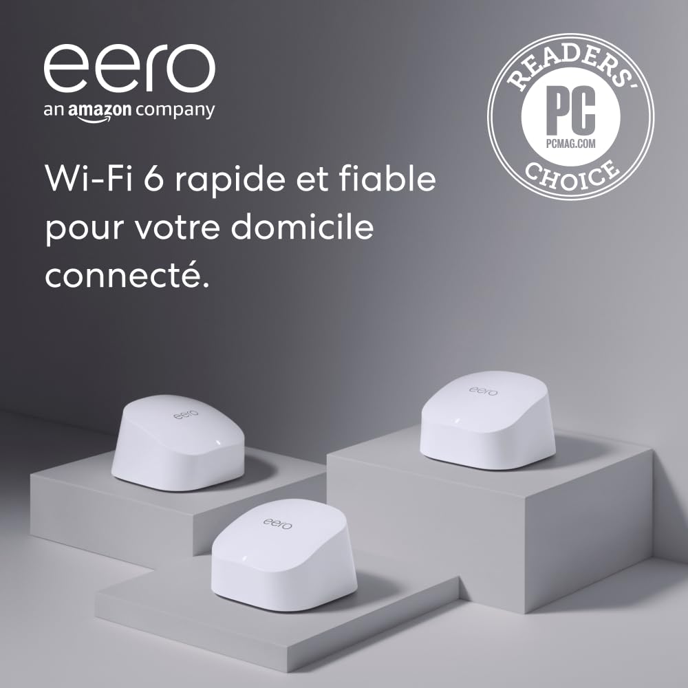 Routeur Wi-Fi maillé Amazon eero 6 - Ethernet 500 Mb/s - Couvre jusqu'à 420 m² - Possibilité de connecter plus de 75 appareils - Lot de 3 - Modèle 2021 Wifi 6 Lot de 3 (jusqu'à 420 m²)