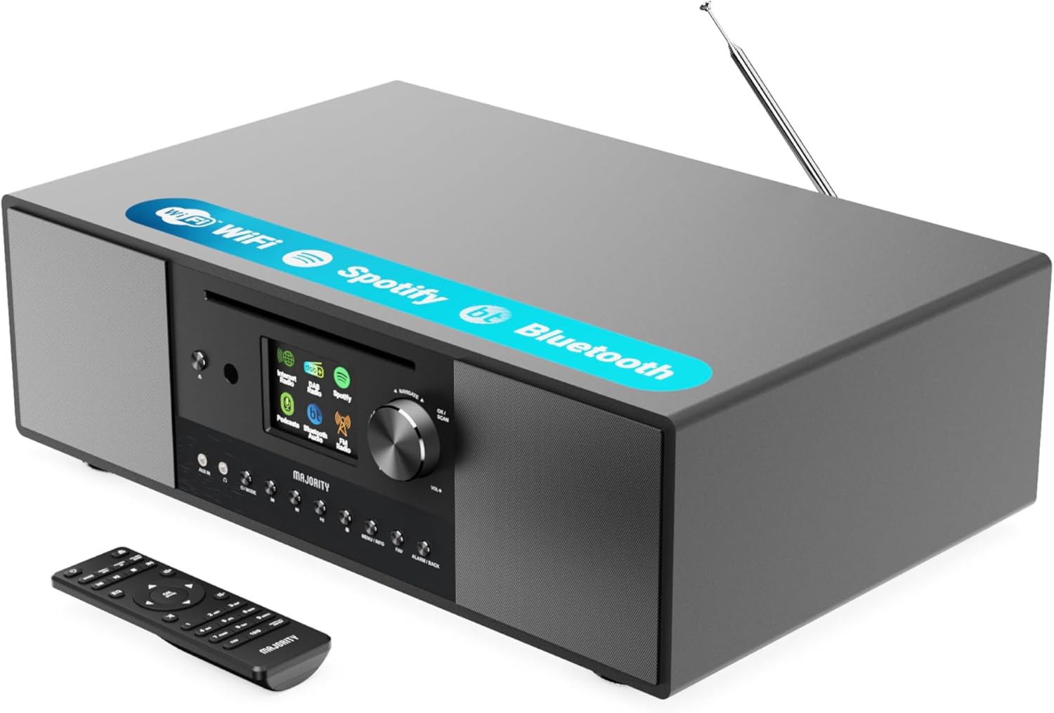 Radio Internet, Lecteur CD, Radio FM Dab+ et Caisson de Basses Puissant - Système Stéréo 2.1 120W - Bluetooth Activé - Spotify Connect et Podcasts - MAJORITY Quadriga Noir