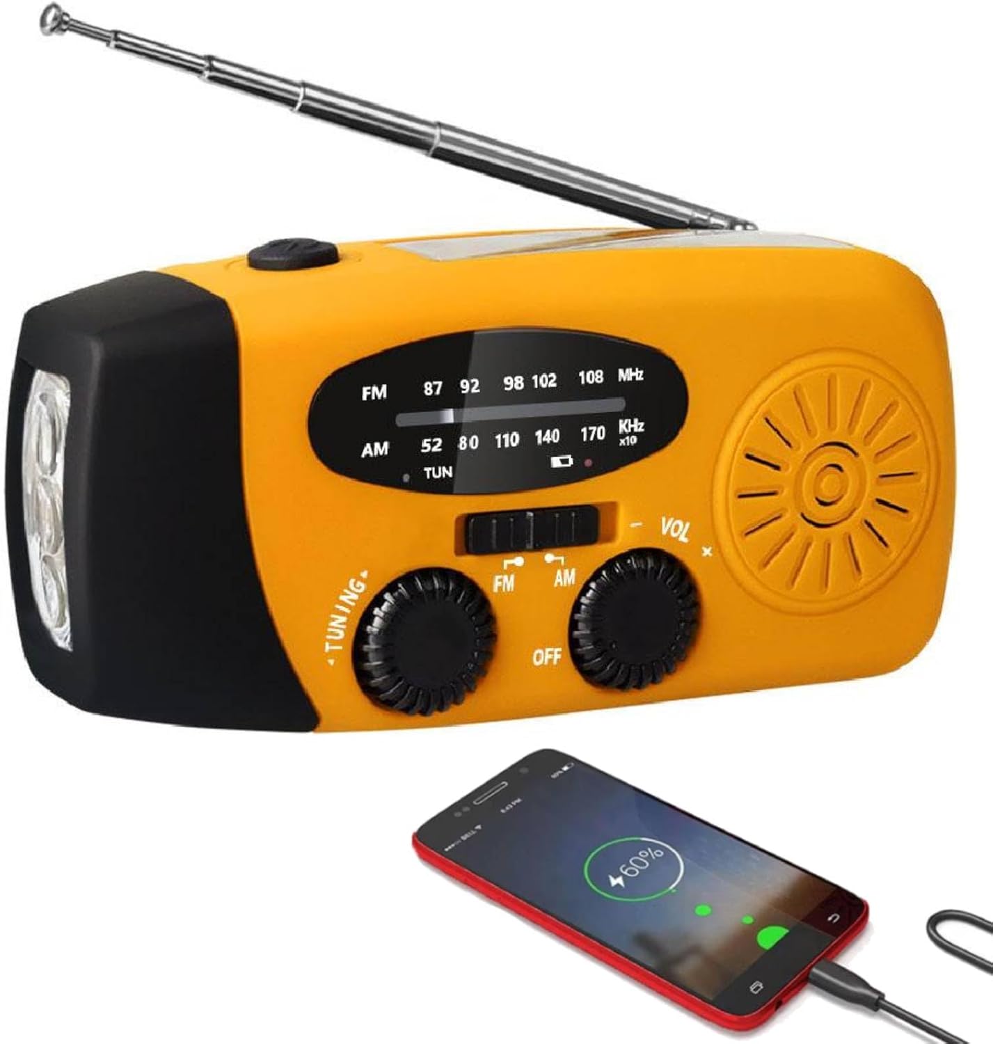 Radio solaire portable avec radio météo AM/FM/NOAA, radio portable avec manivelle d'urgence, alarme SOS et alternateur à manivelle, 2000 mAh, chargeur USB, lampe de poche LED pour urgence Orange
