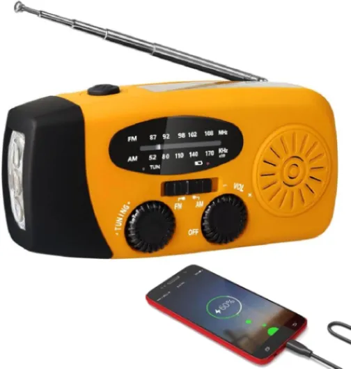 Radio solaire portable avec radio météo AM/FM/NOAA, radio portable avec manivelle d'urgence, alarme SOS et alternateur à manivelle, 2000 mAh, chargeur USB, lampe de poche LED pour urgence Orange