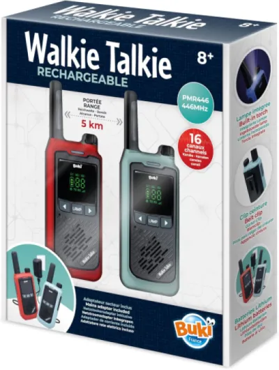 Talkie-Walkie Rechargeable Longue Portée 5 km – Lot de 2 avec Batteries Lithium et Chargeur Double – 16 Canaux, Lampe, Clip Ceinture – Conversations Claires – Enfant & Adulte dès 8 Ans - BUKI France
