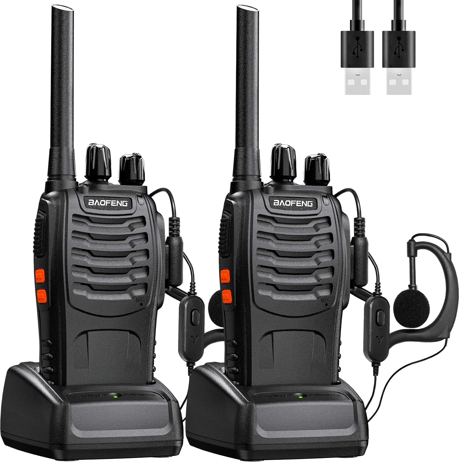 Talkie Walkie Longue portée Rechargeable Professionnelle 16 Canaux PMR Talkies-Walkies Radio，avec oreillette, USB Chargeur, Batterie（1 Paire） Fiche USB(2 pièces)