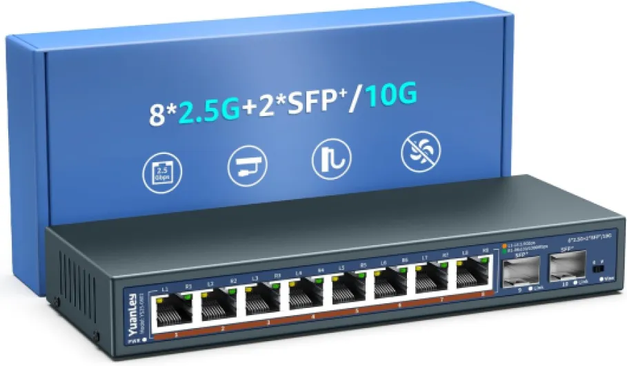 Switch Ethernet Non Géré 10 Ports 2,5G, 8 Ports 2,5G Base-T, 2 x 10G SFP, Compatible avec 100/1000/2500Mbps, Métal, Montage sur Bureau/Mur, Switch Réseau YuanLey 2,5Gbe pour AP sans Fil, NAS, PC 8x2.5G +2x10G SFP+(Unmanaged)