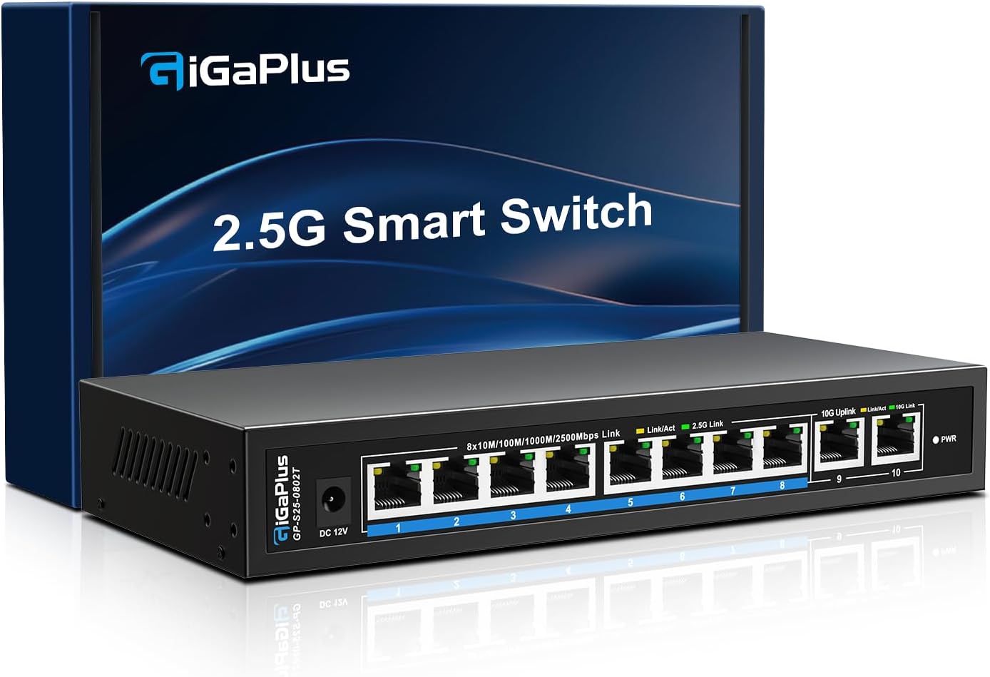 Switch Ethernet Non administrable 10 Ports 10Gb avec 8 Ports 2.5G Base-T et 2 Ports RJ45 10G - Capacité de Commutation de 80Gbit/s - Switch réseau GiGaPlus 10Gbit/s pour NAS/PC 2.5G/10Gbit/s 10 Port Unmanaged - 8x2.5G+2x10G RJ45