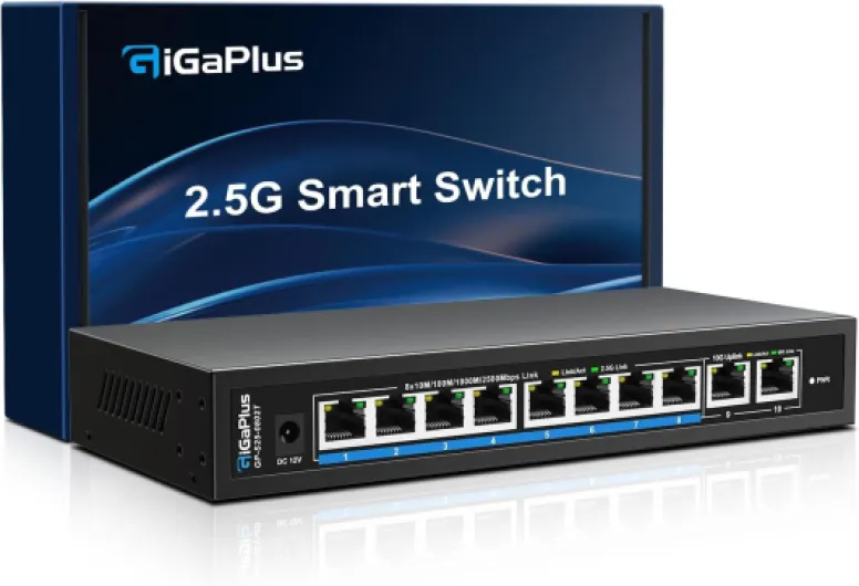 Switch Ethernet Non administrable 10 Ports 10Gb avec 8 Ports 2.5G Base-T et 2 Ports RJ45 10G - Capacité de Commutation de 80Gbit/s - Switch réseau GiGaPlus 10Gbit/s pour NAS/PC 2.5G/10Gbit/s 10 Port Unmanaged - 8x2.5G+2x10G RJ45