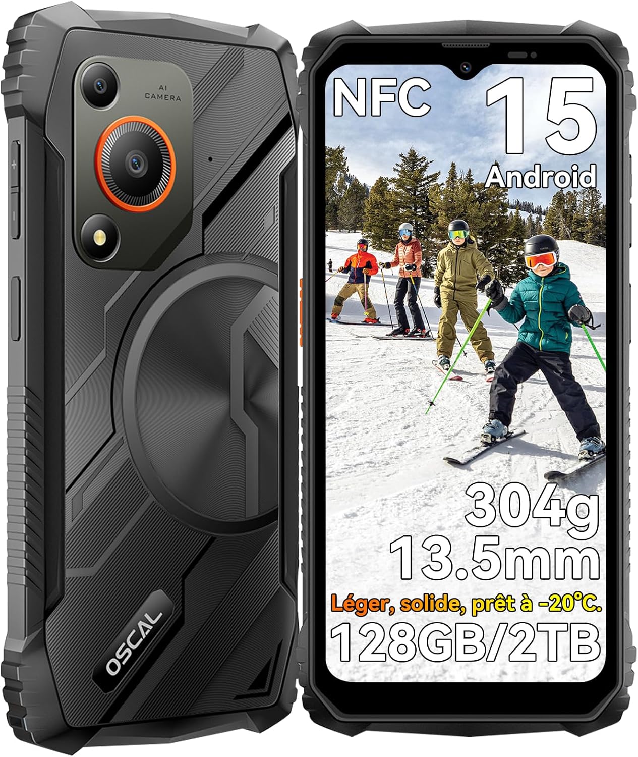 Marine 1 Telephone Portable Incassable 12GB+128GB/2TB, 304g/13.5mm Très léger Telephone Incassable, Android 15, 6.56" HD+ 90Hz, AI 16MP, IP69K/Dual SIM/NFC/GPS/2Ans Garantie - Cadeau Homme/Femme Noir 128GB