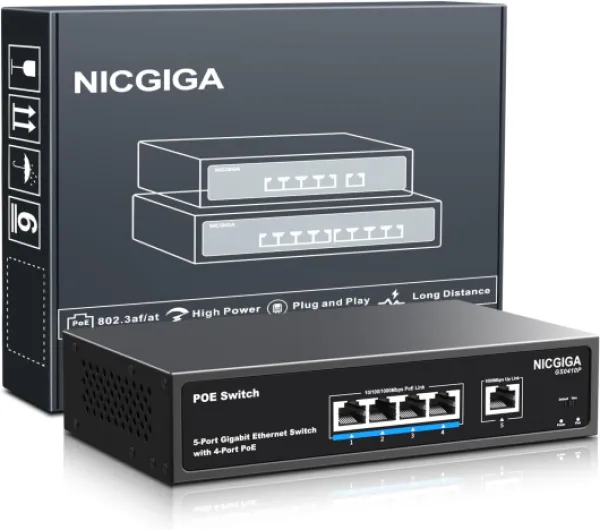 Commutateur PoE Gigabit 4 Ports Non administré avec 4 Ports IEEE802.3af/at PoE @78W, 1 x 1000Mbps Uplink, NICGIGA 5 Port Network Power Over Ethernet Switch, VLAN Mode, Desktop/Wall-Mount - 5 Port Gigabit -4x PoE+ 78W+1xUpLink