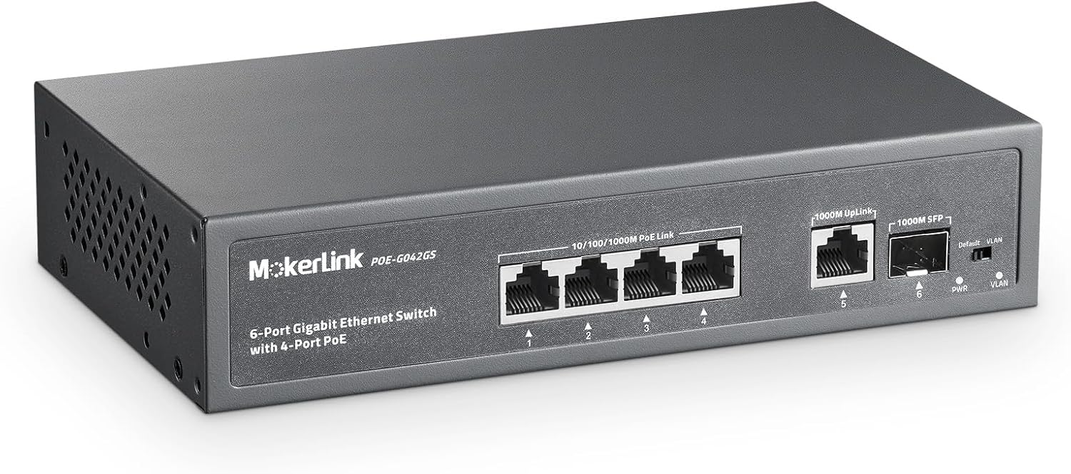 Switch Poe Gigabit 4 Ports, Liaison Montante 1 Gigabit, SFP 1 Gigabit, ieee802.3af/at 75w, détection AI Poe Watch Dog, QoS, commutateur Ethernet enfichable en métal sans Ventilateur 6 Gigabit PoE