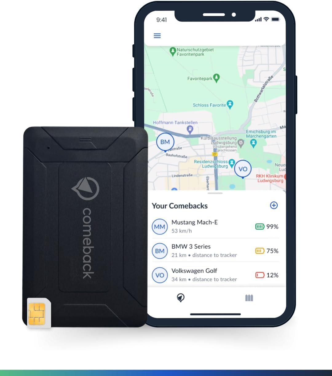 Comeback 4G GPS Tracker sans abonnement avec Carte SIM, Suivi en Direct pour Voiture, Moto et Camping-Car Magnétique/Montage Suivi en Direct Application Android et iOS Temps réel et géorepérage Batterie 6000 mAh