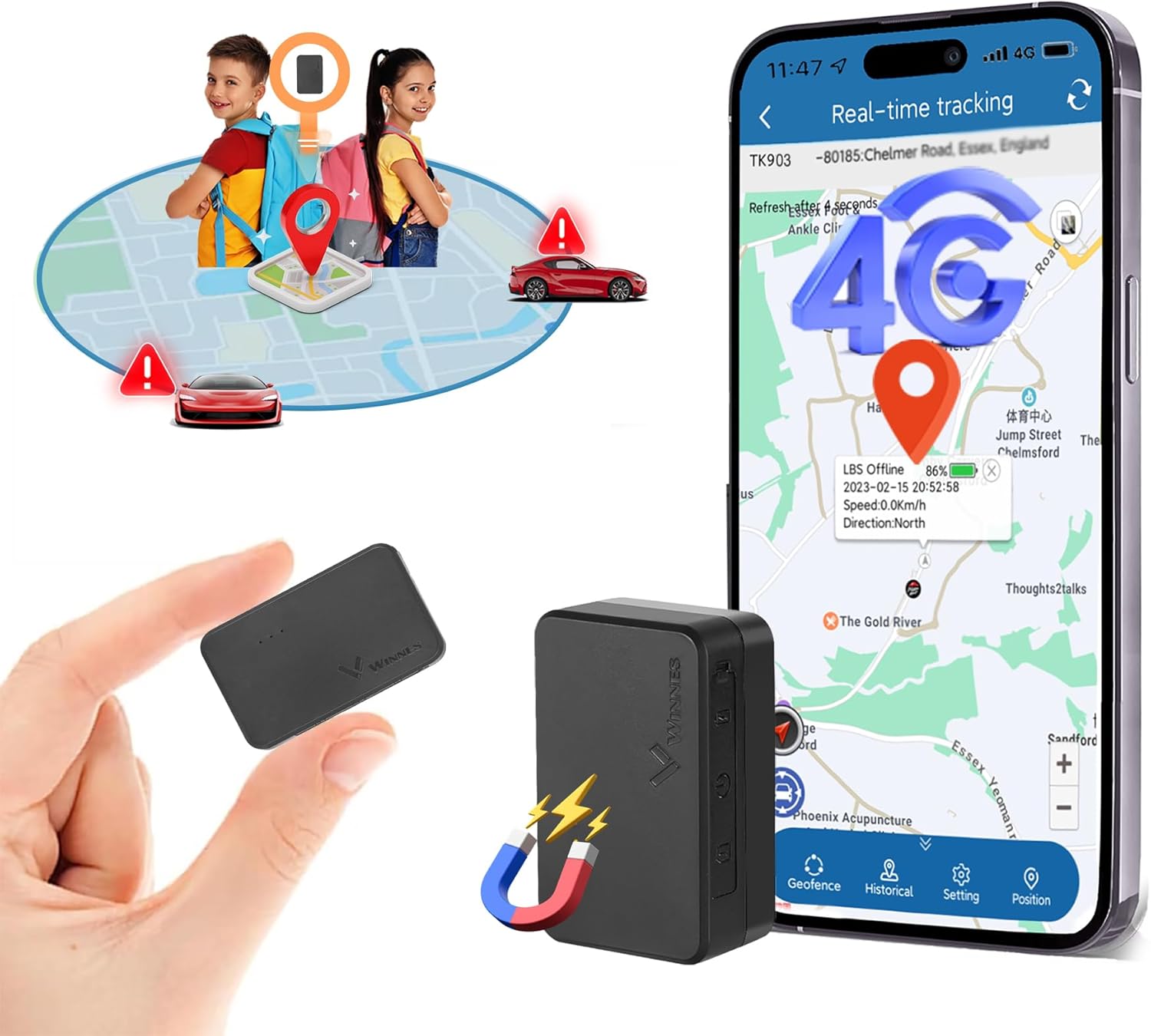 Mini Tracker GPS 4G avec Carte SIM Traceur GPS Voiture, Dispositif de Suivi GPS Magnétique Portable en Temps réel, Distance illimitée, Couverture Mondiale pour Enfants, Sacs, Camions Abonnement Requis