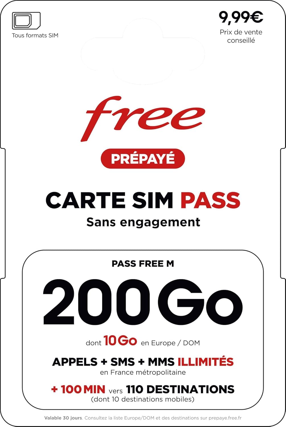 Carte SIM Free Pass M : Forfait 200 Go 5G Ultra-Data + Appels/SMS Illimités & 10 Go depuis l’Europe – Offre Mobile Sans Engagement