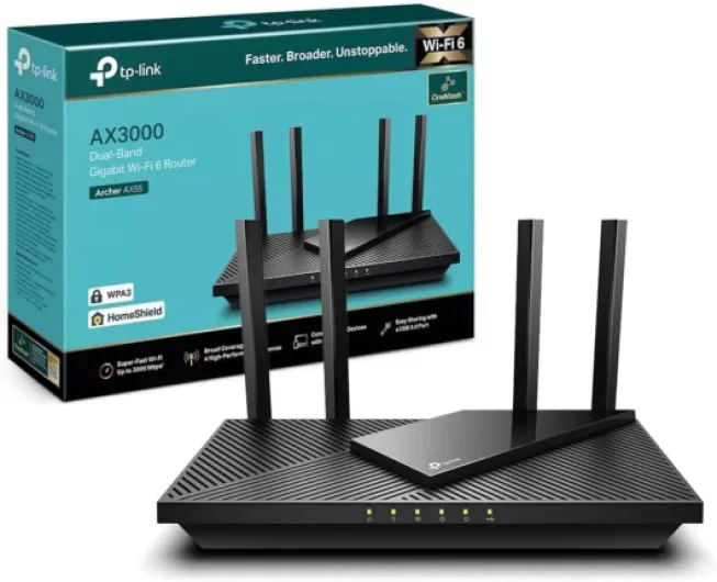 TP-Link Archer AX55 Routeur WiFi 6, Routeur WiFi AX 3000 Mbps bi-Bande, 5 Ports Gigabit, 4 antennes à Haute Performance, WPA3, Contrôle Parental, OneMesh, Antivirus intégré 3 Gbps-Port USB 3.0