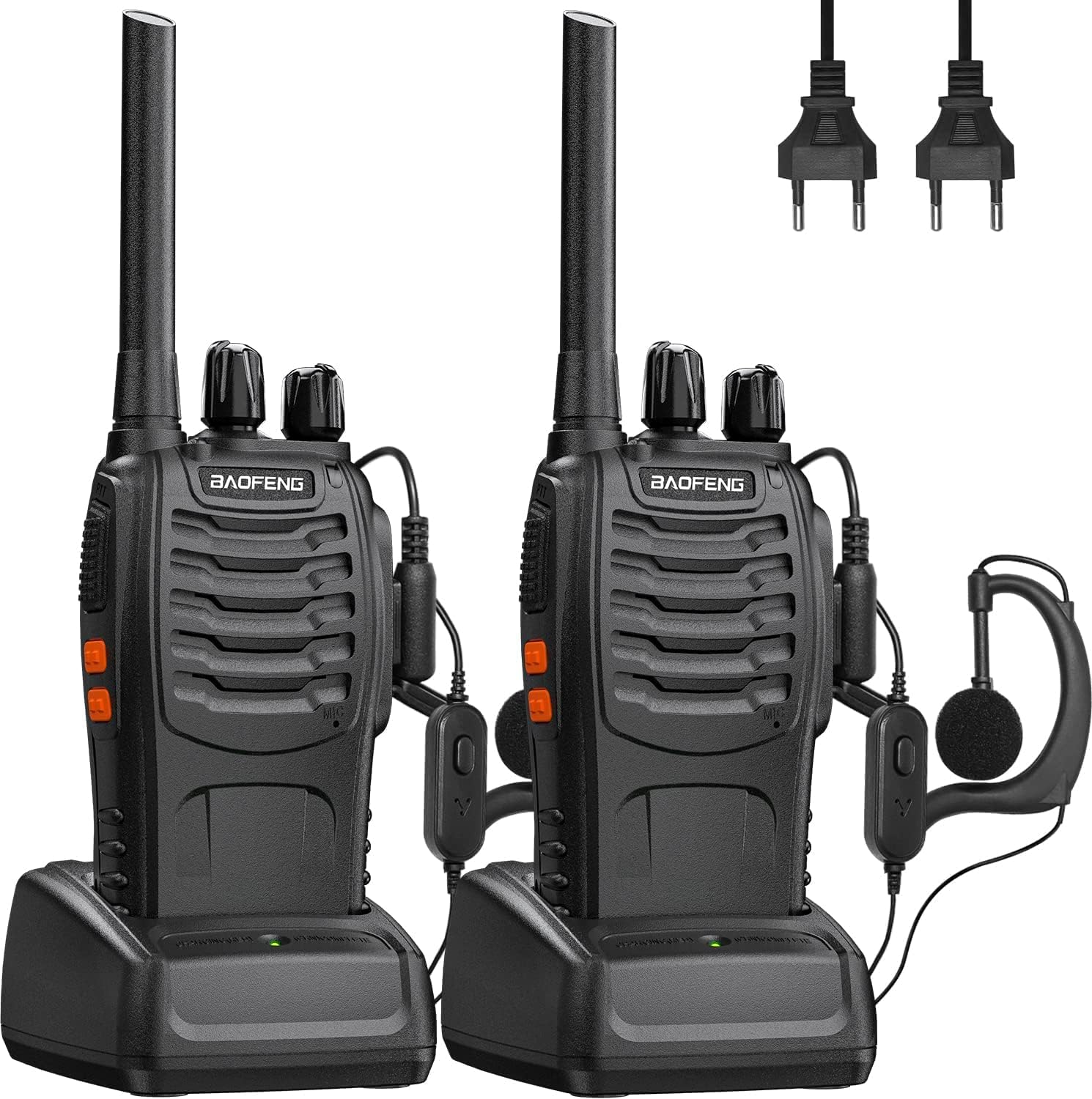 Talkie Walkie Professionnel PMR446 Radio Bidirectionnelle Longue Portée 16 Canaux Talkies-Walkies avec Casque, Base de Chargement et Batterie (2 Pcs) Fiche DC(2 pièces)