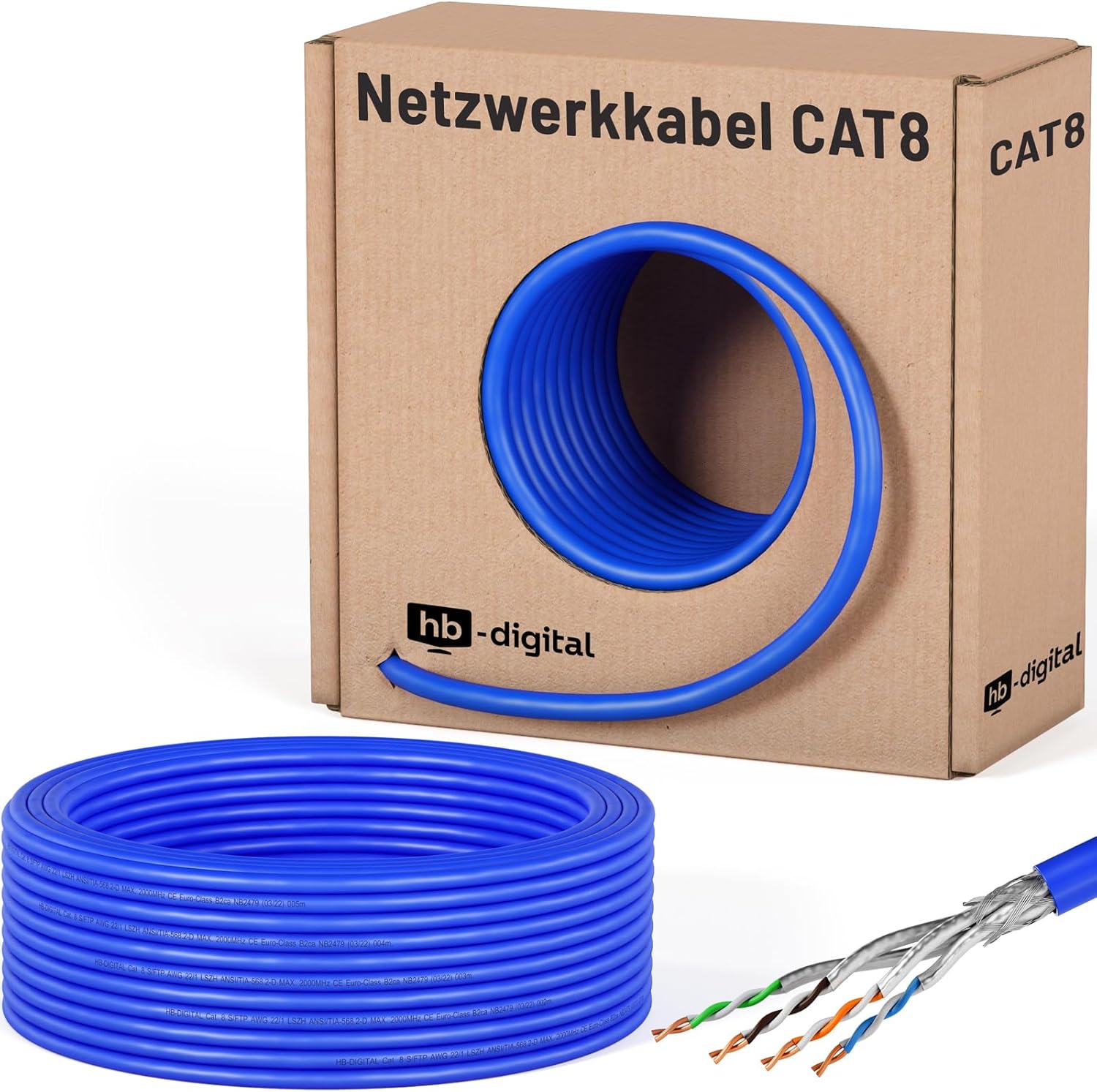 HB-DIGITAL 25m Câble Ethernet CAT 8 S/FTP PiMF CAT8.1 en Cuivre Massif, Câble Réseau d'Installation LSZH, 2000MHz pour Switch, Serveur, PC, Prise RJ45, AWG22 - Bleu 25m SIMPLEX