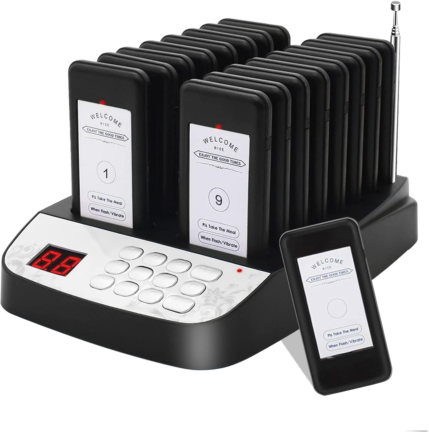 Bipeur Restaurant, Système de Bipeur, 16 Buzzers Vibration Clignotant Appel sans Fil Invité Distanciation Sociale pour Restaurant Food Truck Hôpital Clinique Église (Noir)